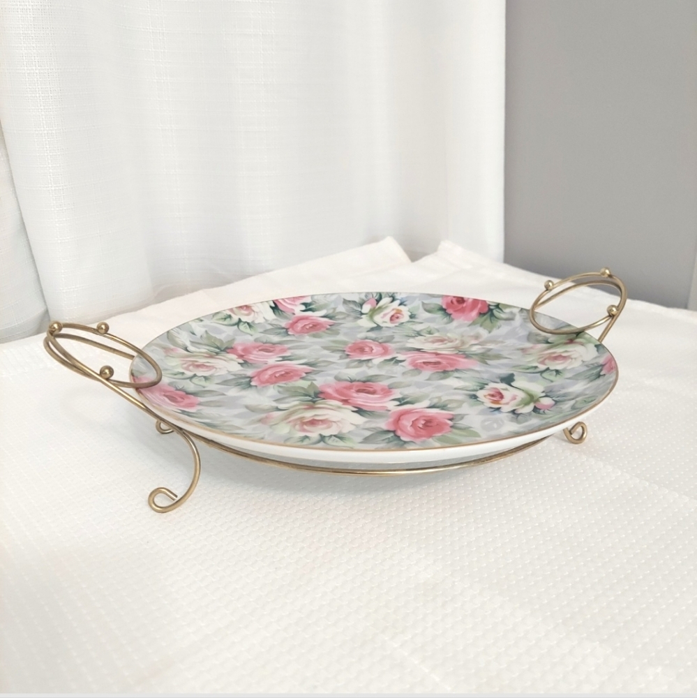Vintage Norcrest Rose Serving Dish Brass Plate Holder Curlique Accent Japan